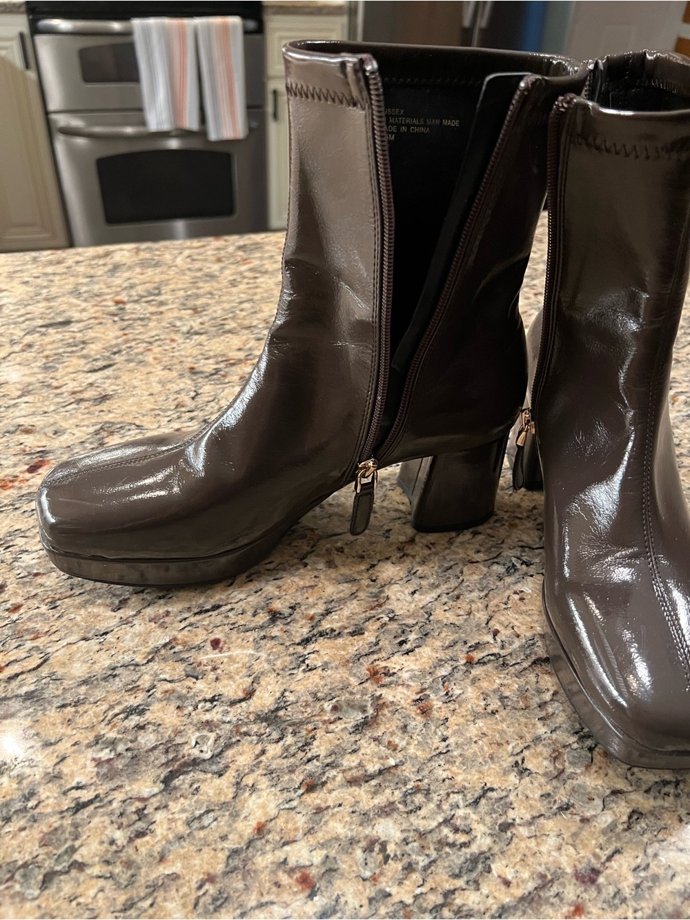 AEROSOLES Brown Patent Block Heel Ankle Boots